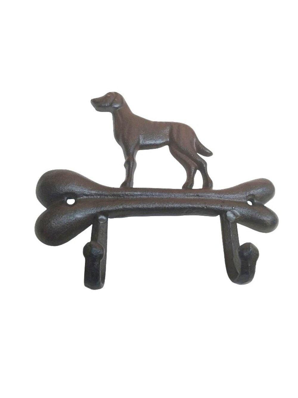 Dog Bone & Dog Cast Iron Double Hook Leash Holder Wall Hanger Keys Rustic Brown